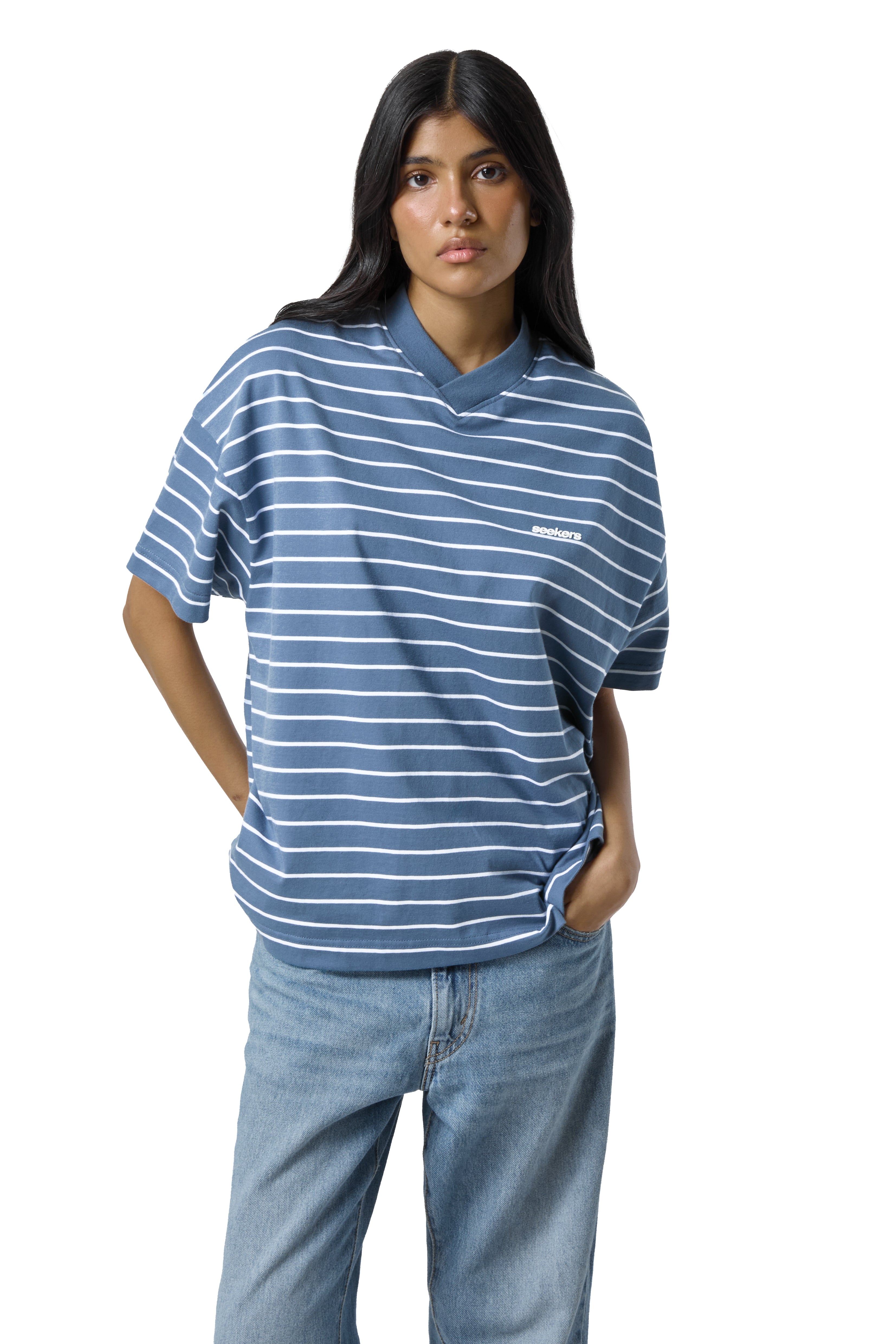 Devon Striped Oversized Tee in Blue Wash